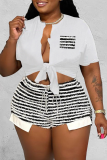 White Sexy Striped Print Patchwork V Neck Short Sleeve Two Pieces Front Tie Crop Tops And Shorts Sets