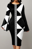 ブラック ホワイト カジュアル プリント パッチワーク O ネック ワンステップ スカート ドレス