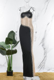 Robes de jupe en une étape de col oblique de perceuse chaude de patchwork solide noir sexy