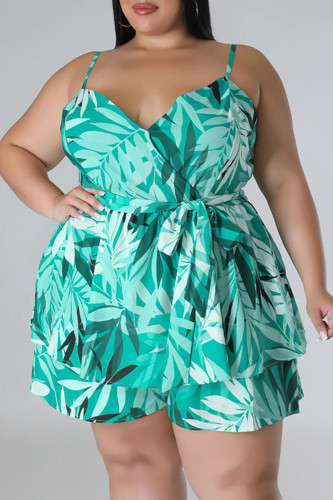 Cyan Casual Print Patchwork Spaghetti Strap Plus Size Two Pieces