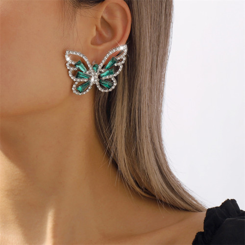 Green Casual Butterfly Patchwork Rhinestone Earrings