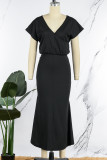 Zwarte casual effen rugloze O-hals jurk met korte mouwen