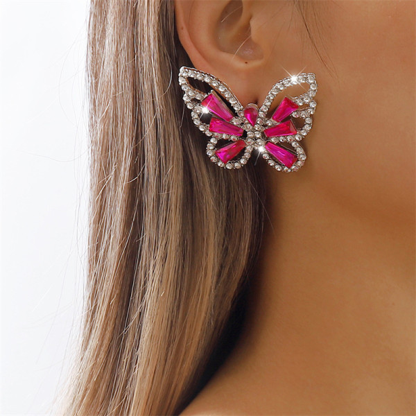Pendientes de diamantes de imitación de mosaico de mariposa casual rojo rosa