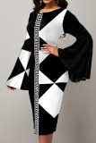 Black White Casual Print Patchwork O Neck One Step Skirt Dresses