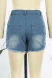 Sky Blue Street Solid Nappa strappata crea vecchi pantaloncini di jeans a vita alta asimmetrici patchwork