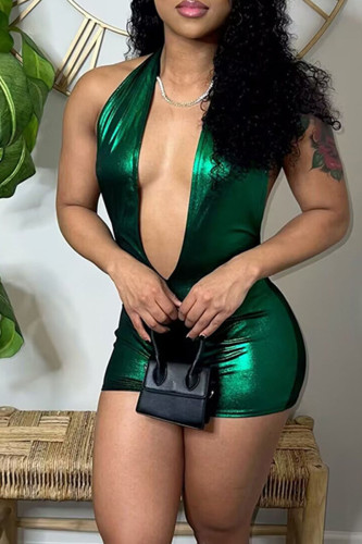 Green Sexy Solid Patchwork Backless Halter Skinny Rompers