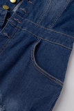 Macacão jeans skinny azul casual com botões de retalhos gola redonda manga curta