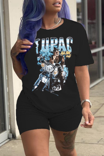 Blue Black Casual Print Basic O Neck Short Sleeve Two Pieces