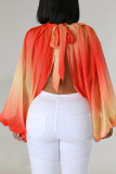 Tangerine Red Sexy Print Patchwork Asymmetrical O Neck Tops