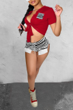 Red Sexy Striped Print Patchwork V Neck Short Sleeve Two Pieces Front Tie Crop Tops And Shorts Sets