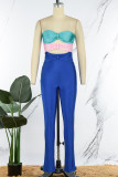 Blauwe sexy patchwork uitgeholde rugloze contrasterende strapless magere jumpsuits