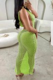 Флуоресцентное зеленое сексуальное сплошное выдолбленное прозрачное длинное платье с открытой спиной и лямкой на шее