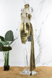 Золотистое сексуальное лоскутное прозрачное платье без рукавов с разрезом и водолазкой Платья