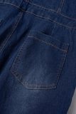 Синие повседневные однотонные джинсовые комбинезоны в стиле пэчворк с отложным воротником и короткими рукавами