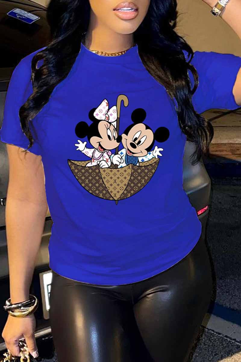 

Blue Casual Character Print Letter O Neck T-Shirts