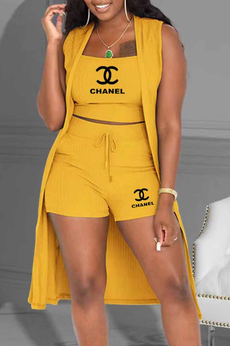 

Yellow Casual Print Letter U Neck Sleeveless Three Pieces