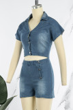 Sky Blue Street Solid Hollowed Out Patchwork Buckle Turndown Collar Short Sleeve Straight Denim Jumpsuits