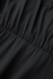 Черное повседневное однотонное платье с открытой спиной и круглым вырезом с коротким рукавом Платья