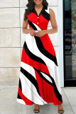 Rode casual print patchwork turndown kraag lange jurk jurken