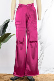 Rose Red Casual Solid Patchwork Pocket High Waist Straight Solid Color Bottoms
