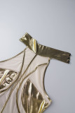 Gold Sexy Patchwork See-through Slit Turtleneck Sleeveless Dress Dresses