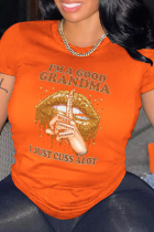 Orange Sexiga Street Läppar Tryckta Patchwork Bokstaven O-hals T-shirts