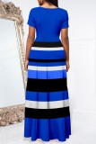 Blauwe casual print patchwork O-hals jurk met korte mouwen
