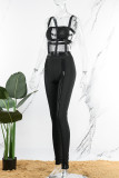 Black Sexy Solid Patchwork See-through Backless Spaghetti Strap Sleeveless Two Pieces