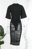 Black Sexy Solid Patchwork See-through O Neck Half Sleeve Two Pieces