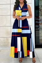 Длинное платье с отложным воротником и отложным воротником в стиле тибетского синего повседневного принта Платья