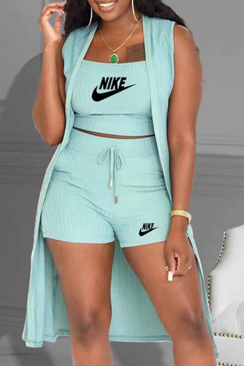 

Sky Blue Casual Print Letter U Neck Sleeveless Three Pieces