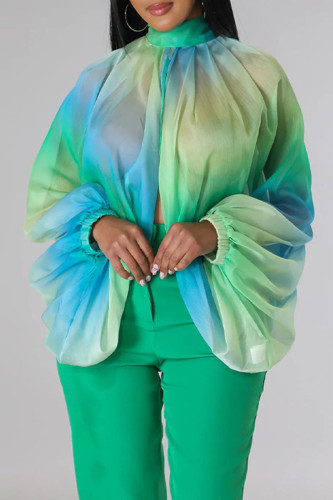 Green Sexy Print Patchwork Asymmetrical O Neck Tops