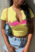 Yellow Casual Letter Print Basic V Neck T-Shirts