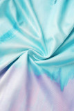 Lichtblauwe sexy print uitgeholde patchwork gleuf schuine kraag rechte jurken
