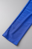 Blå sexigt lapptäcke urholkat rygglös kontrast axelbandslösa skinny jumpsuits