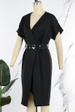 Robes de jupe en une étape noires élégantes et solides en patchwork fendues à col en V
