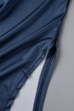 Azul marinho casual impressão patchwork fenda o pescoço manga curta duas peças