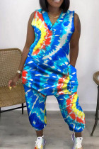 Blauwe Casual Street Print Tie Dye Patchwork Harlan Jumpsuits met V-hals en zak