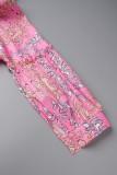 Roze casual print patchwork turndown kraag jurken met lange mouwen