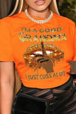 T-shirt con scollo a V stampate con stampa patchwork di labbra sexy arancioni