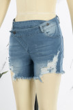 Himmelblaue Straße Solide Quaste Zerrissen Machen Sie alte Patchwork-Jeansshorts mit hoher Taille und asymmetrischer Taille