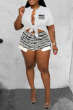 Black Sexy Striped Print Patchwork V Neck Short Sleeve Two Pieces Front Tie Crop Tops And Shorts Sets