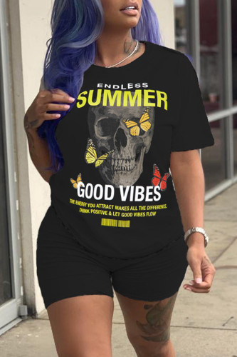 Black Yellow Casual Print Basic O Neck Short Sleeve Two Pieces