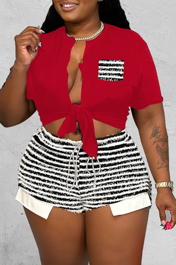 Red Sexy Striped Print Patchwork V Neck Short Sleeve Two Pieces Front Tie Crop Tops And Shorts Sets