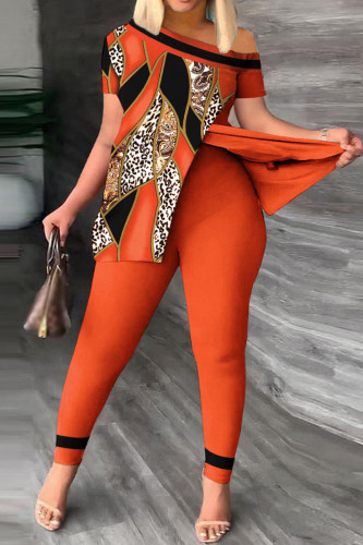 Orange Casual Print Patchwork Slit Asymmetrical Oblique Collar Short Sleeve Two Pieces