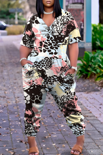 Black Pink Street Print Patchwork V Neck Harlan Jumpsuits