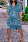 Navy Blue Casual Rainbow Print Patchwork V Neck Short Sleeve T-shirt Loose Dress
