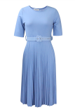 Light Blue Casual Print Fold O Neck Waist Skirt Dresses