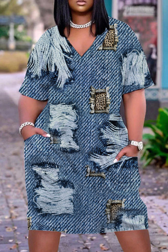 Blue Casual Rainbow Print Patchwork V Neck Short Sleeve T-shirt Loose Dress