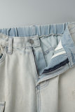 Light Blue Casual College Solid Ripped Make Old Patchwork Pocket High Waist Denim Jeans